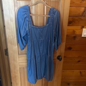 Tencile Blue Denim Square Neck Casual Dress Flirty & Fun